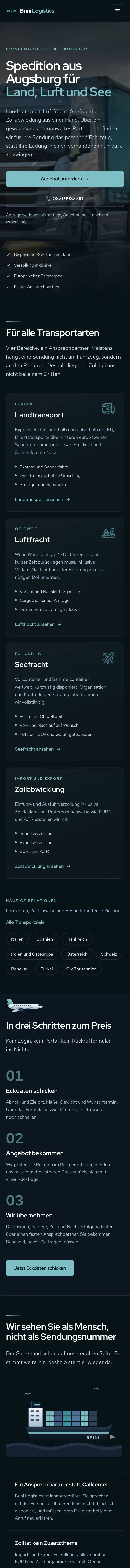 Startseite der von Scaleee gebauten Website der Spedition Brini Logistics aus Augsburg
