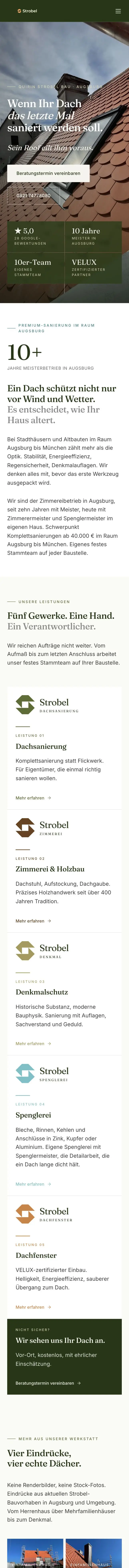 Startseite der von Scaleee gebauten Website der Dachdeckerei Quirin Strobel Bau aus Augsburg
