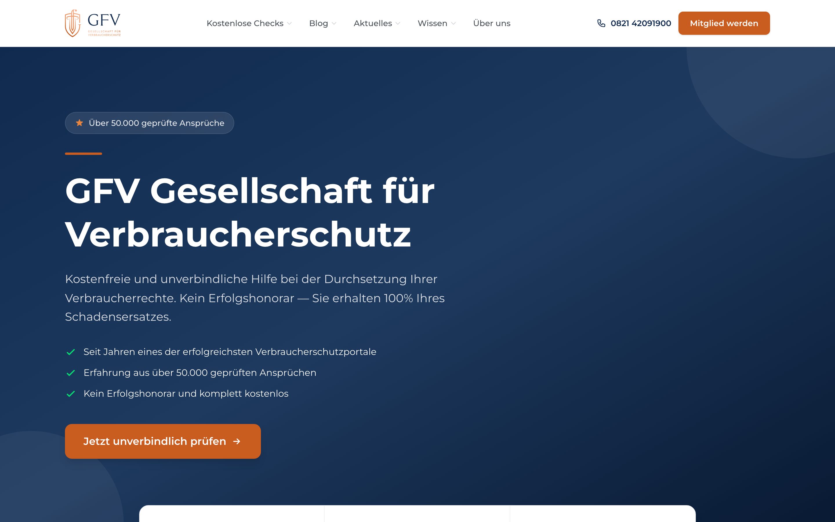 Website der GFV Gesellschaft für Verbraucherschutz mit kostenloser Prüfung, Desktop und Handy
