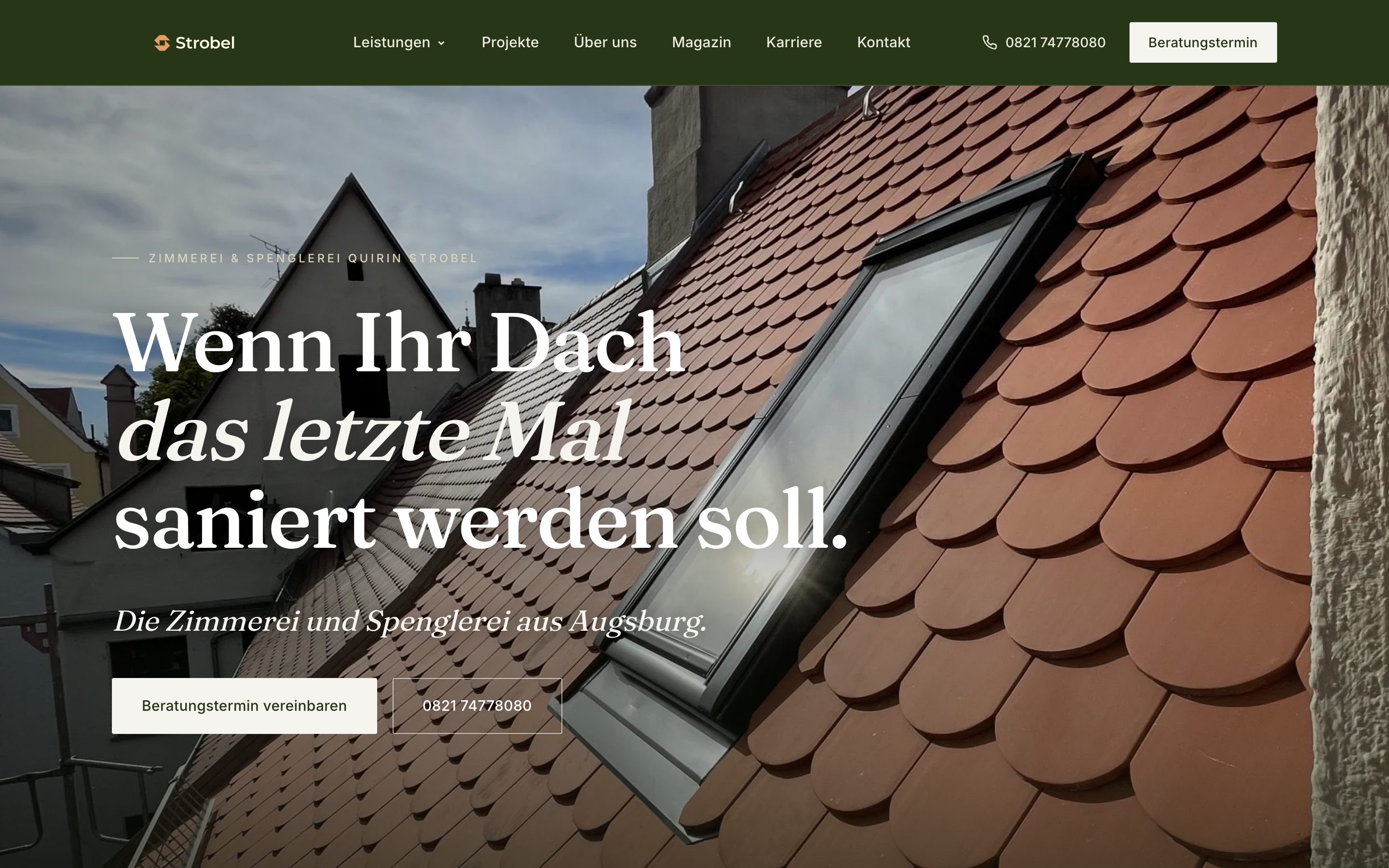 Startseite der von Scaleee gebauten Website der Dachdeckerei Strobel aus Augsburg