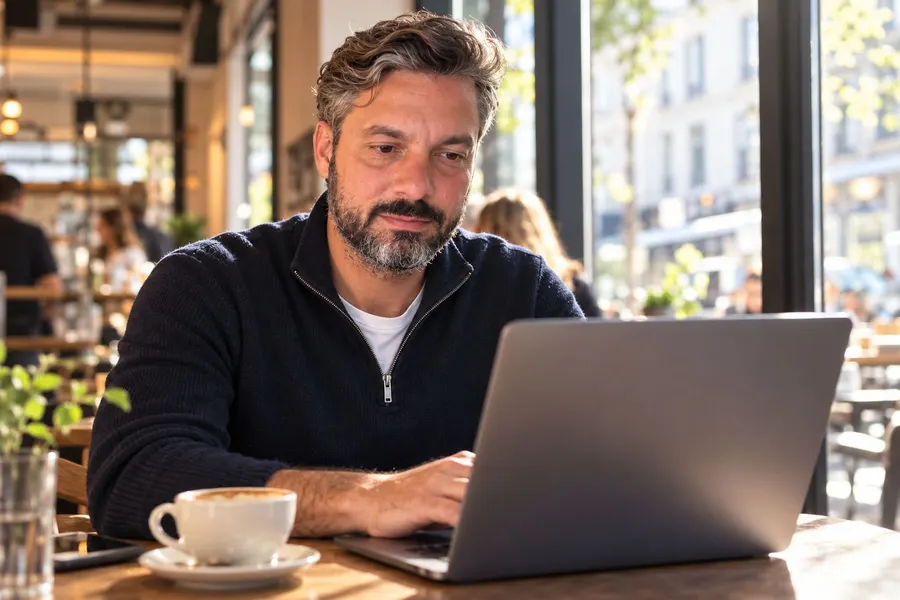 Philipp Pötzinger arbeitet am Laptop