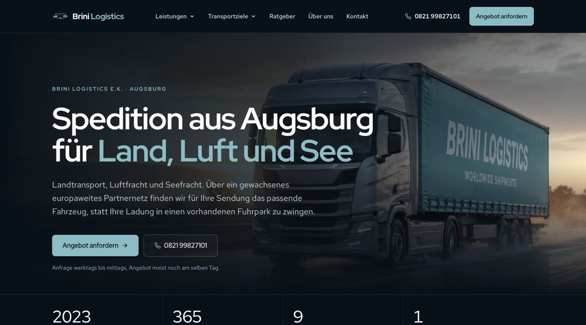 Startseite von Brini Logistics mit Sattelzug im Hero und türkiser Gestaltung