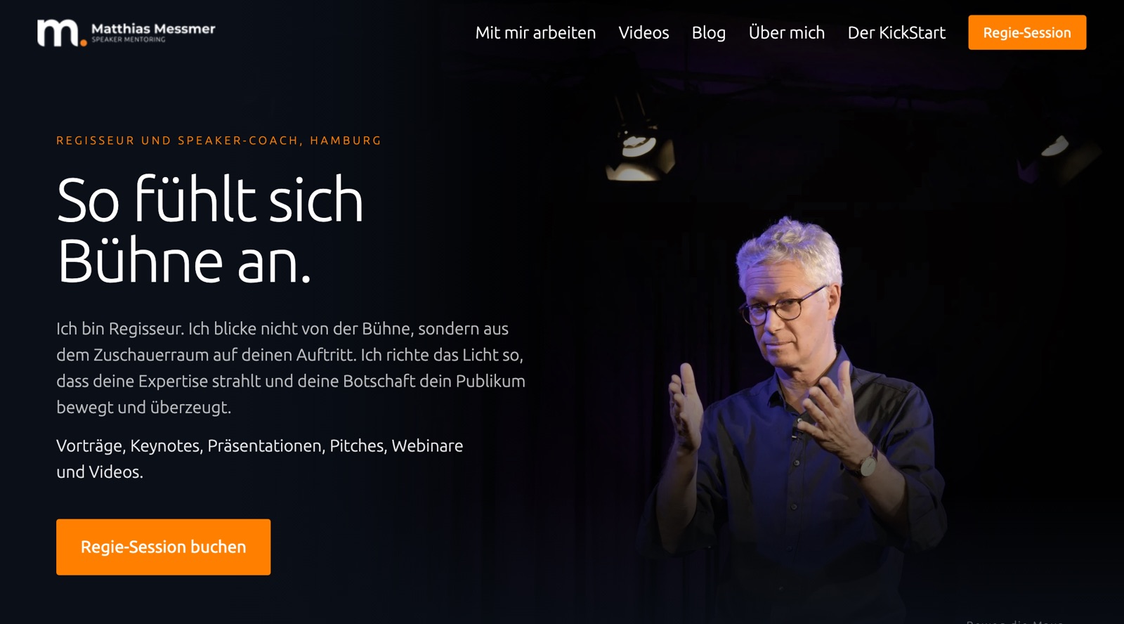 Startseite von Matthias Messmer mit Bühnenlicht und Porträt