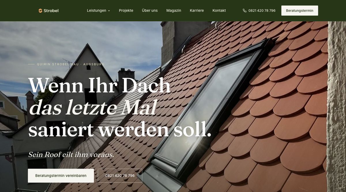 Startseite der neuen Strobel-Website mit Dach-Hero und klarer Botschaft