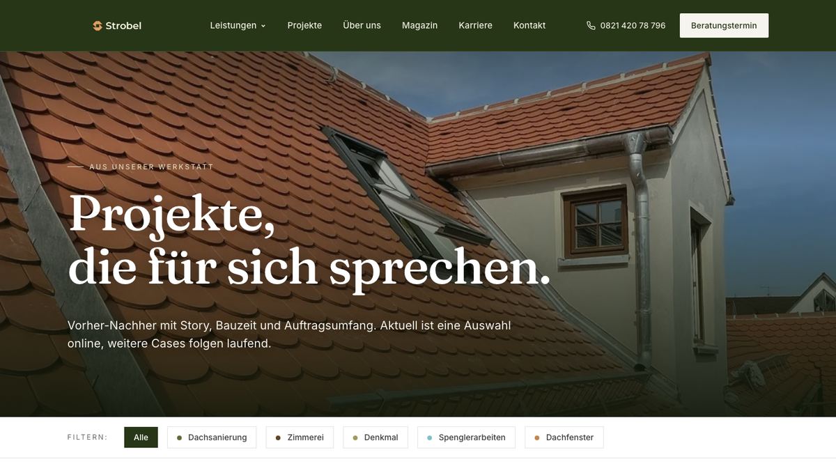 Projektreferenzen-Seite der Strobel-Website mit echten Bauprojekten